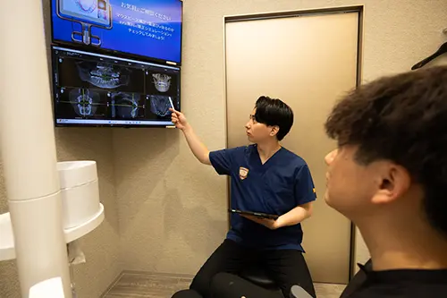 レントゲンの説明をする歯科医師