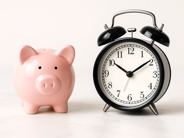 治療費用と期間を表す時計と貯金箱