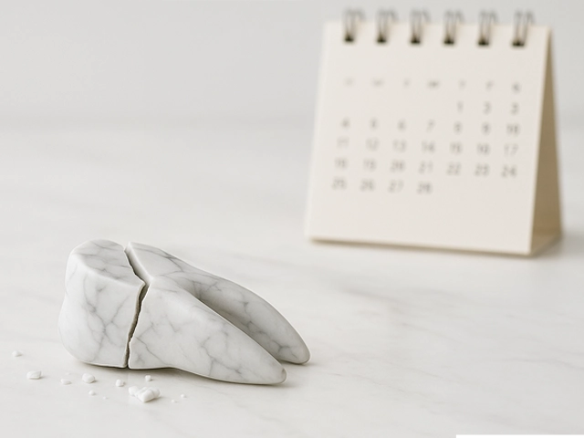割れた大理石の大臼歯と治療期間を表す卓上カレンダー