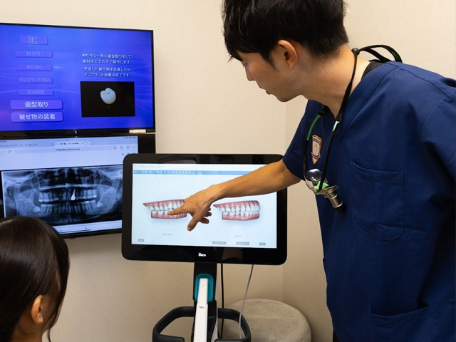 光学式口腔内スキャナーiTeroによる矯正シミュレーションをする歯科医師